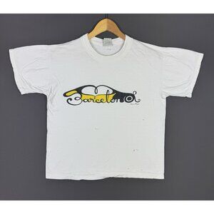 Vintage 90s Barcelona Spain Art Spellout Rigo Artist White Shirt Fit Large Women